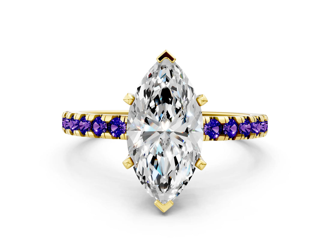 Yellow gold Marquise Cut Diamond Solitaire Ring with Round with Tanzanite side stone Pavé Band and Four-Prong Setting_36