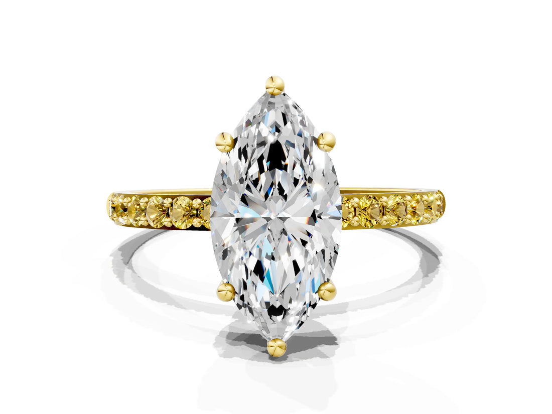 Yellow gold Marquise Cut Diamond Solitaire Ring with Round with Yellow Sapphire side stone Pavé Band and Prong Setting_12