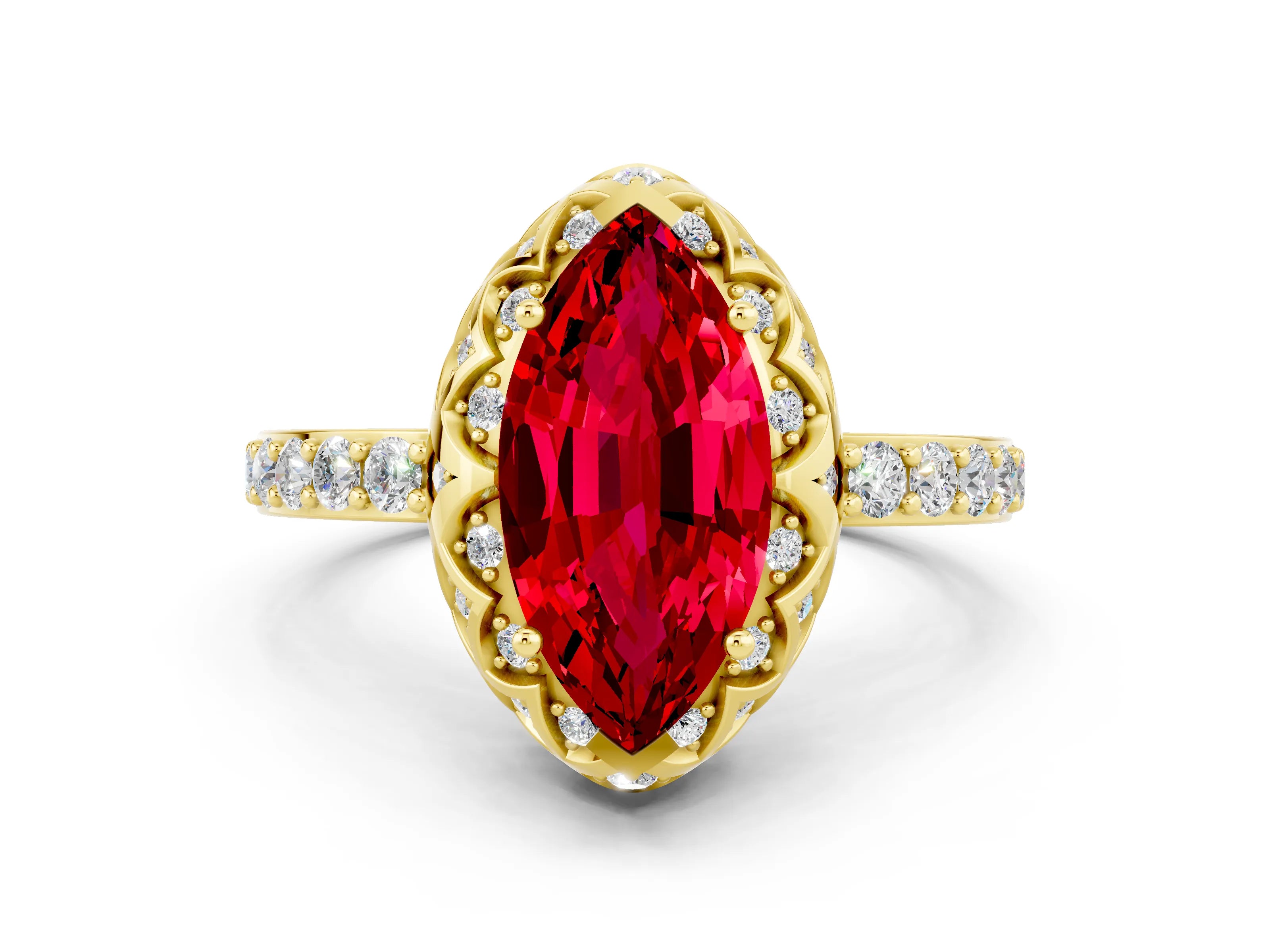 Yellow gold Marquise Cut Diamond Solitaire Ring with Shared Prong Pavé Band