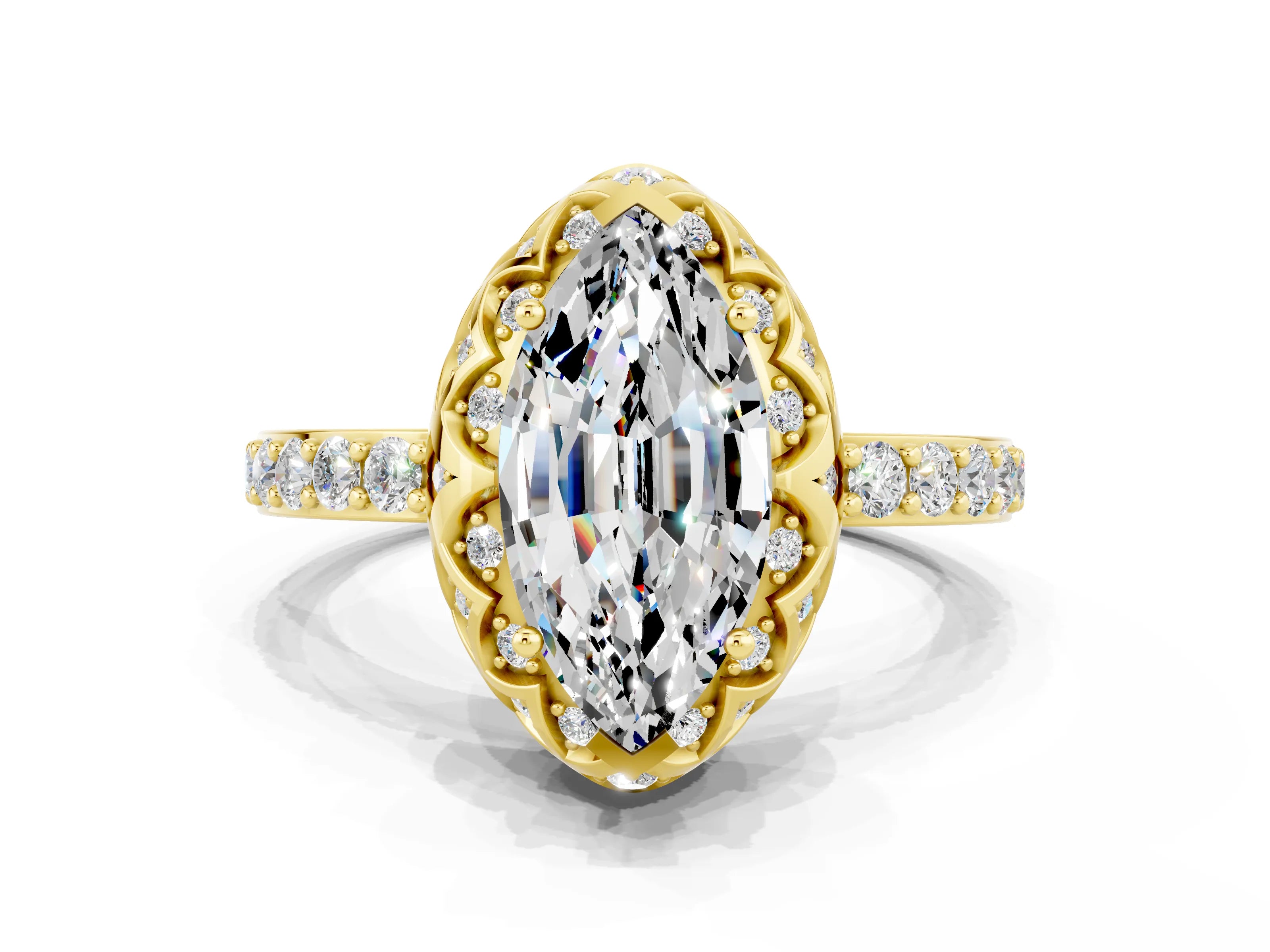 Yellow gold Marquise Cut Diamond Solitaire Ring with Shared Prong Pavé Band