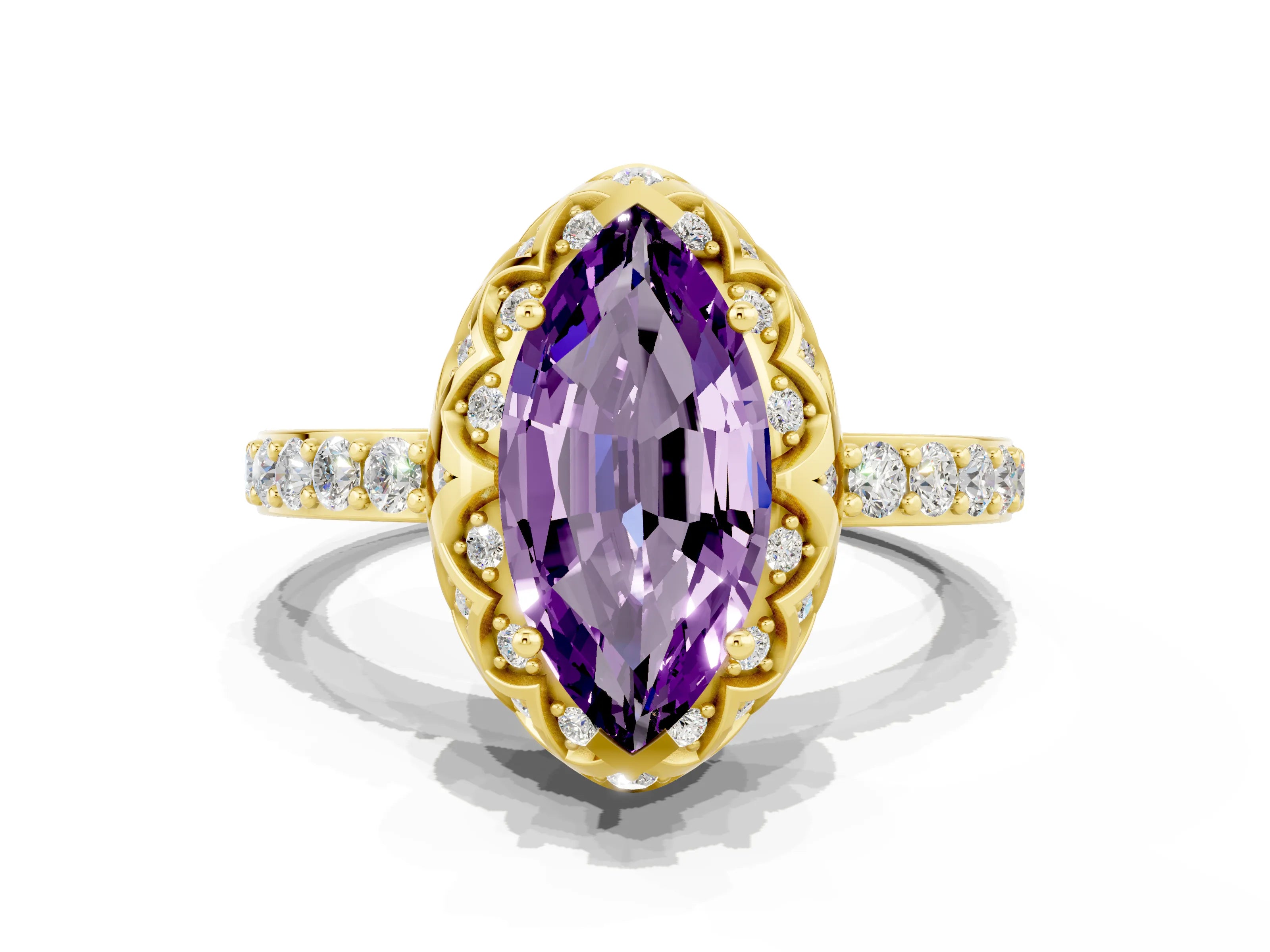 Yellow gold Marquise Cut Diamond Solitaire Ring with Shared Prong Pavé Band