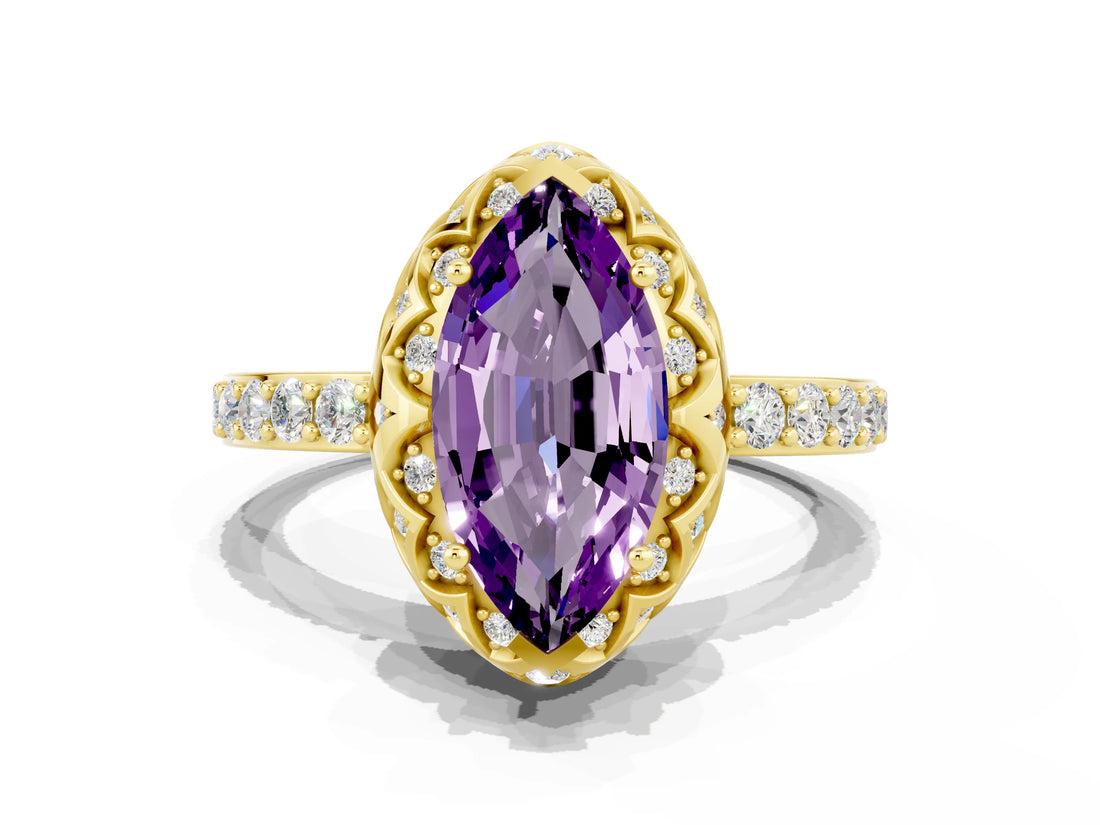 Yellow gold Marquise Cut Diamond Solitaire Ring with Shared Prong Pavé Band