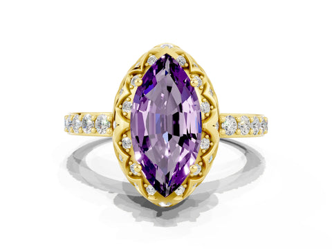 Yellow gold Marquise Cut Diamond Solitaire Ring with Shared Prong Pavé Band