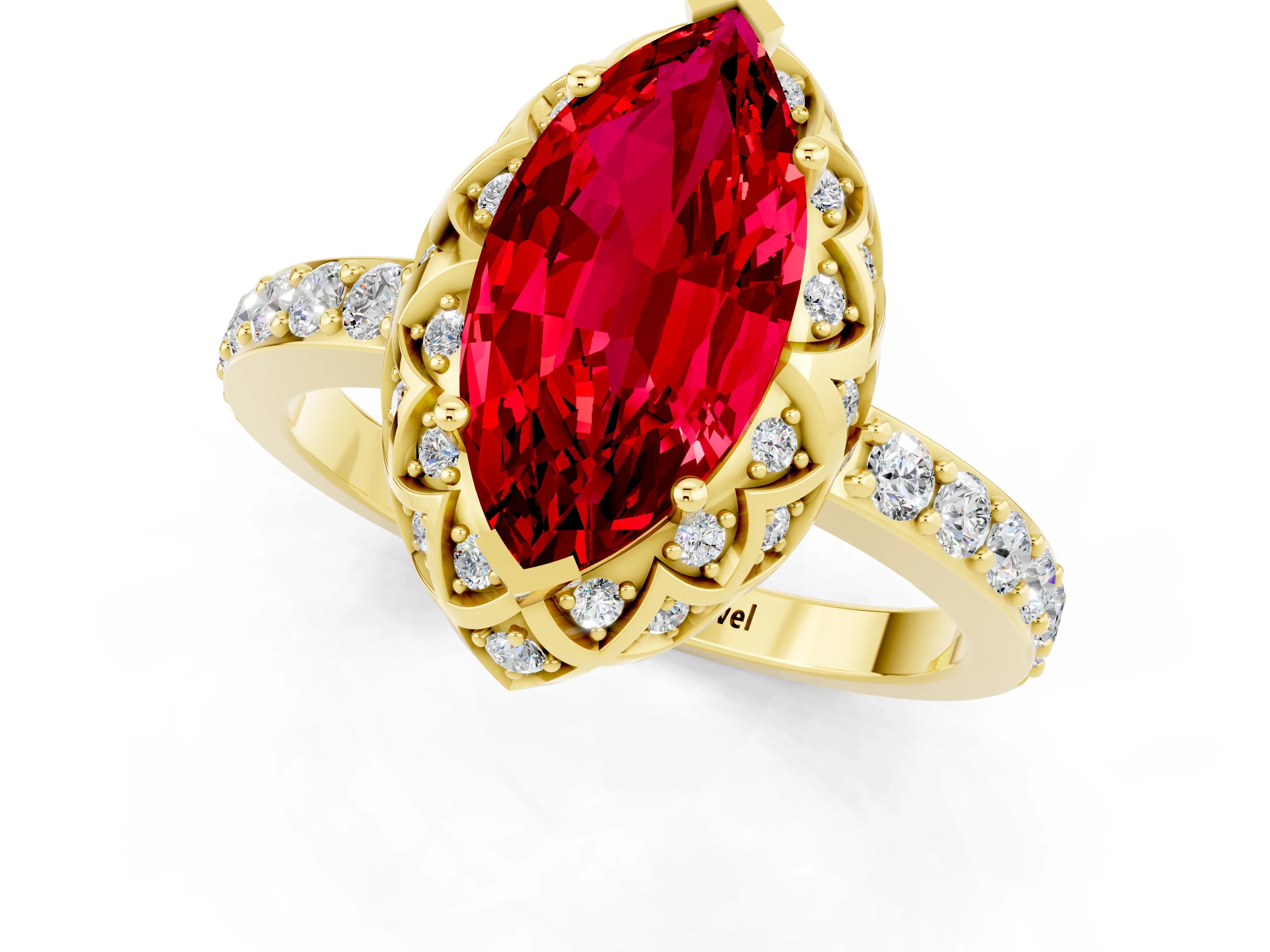 Yellow gold Marquise Cut Diamond Solitaire Ring with Shared Prong Pavé Band_1