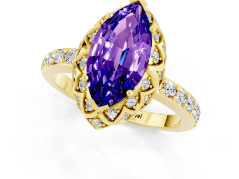 Yellow gold Marquise Cut Diamond Solitaire Ring with Shared Prong Pavé Band_1