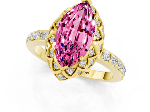 Yellow gold Marquise Cut Diamond Solitaire Ring with Shared Prong Pavé Band_1