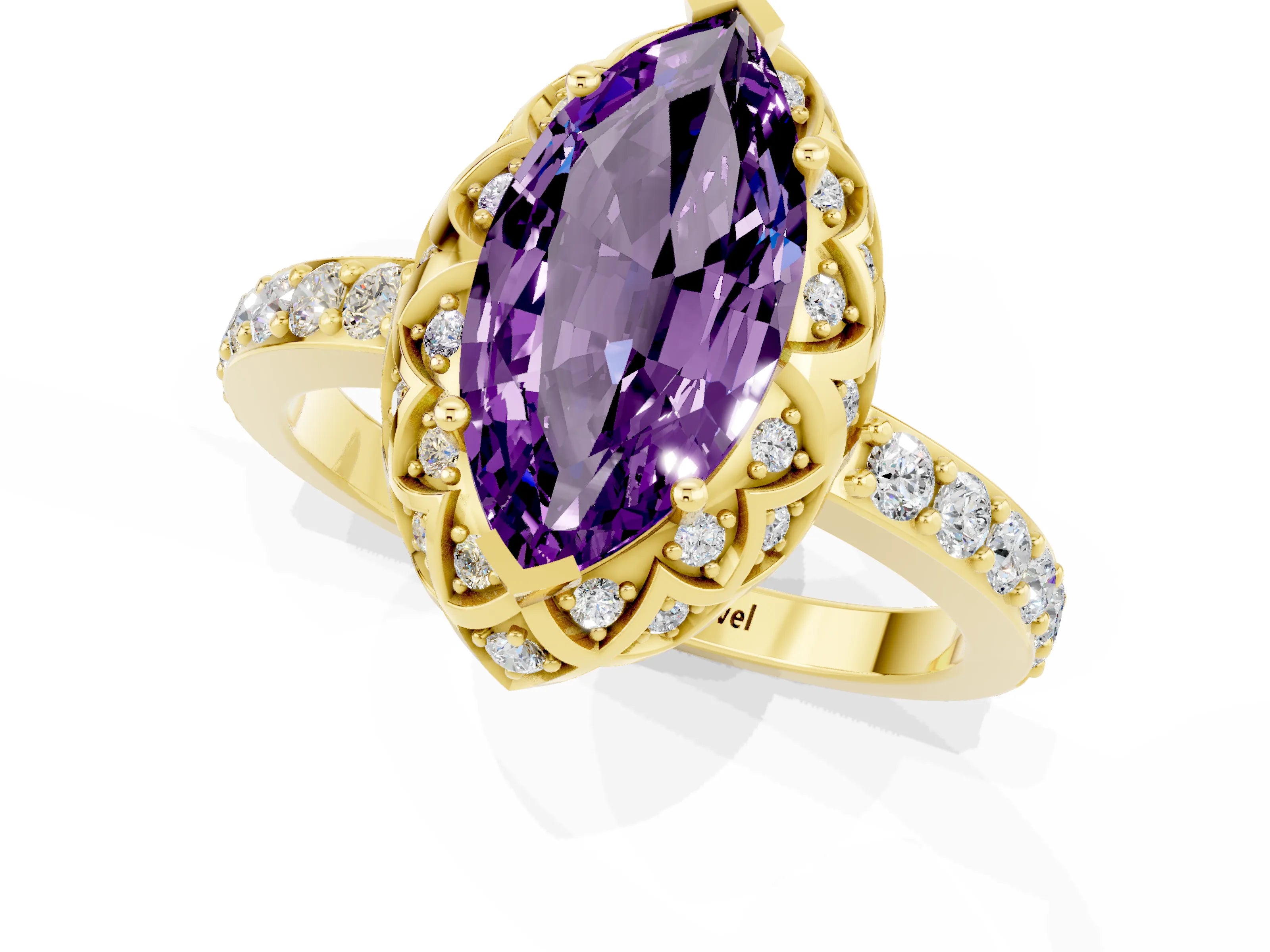 Yellow gold Marquise Cut Diamond Solitaire Ring with Shared Prong Pavé Band_1