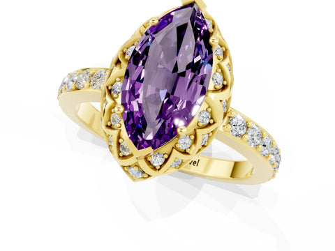 Yellow gold Marquise Cut Diamond Solitaire Ring with Shared Prong Pavé Band_1