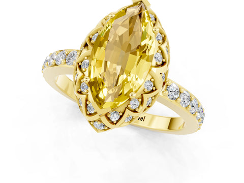 Yellow gold Marquise Cut Diamond Solitaire Ring with Shared Prong Pavé Band_1