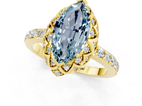 Yellow gold Marquise Cut Diamond Solitaire Ring with Shared Prong Pavé Band_1