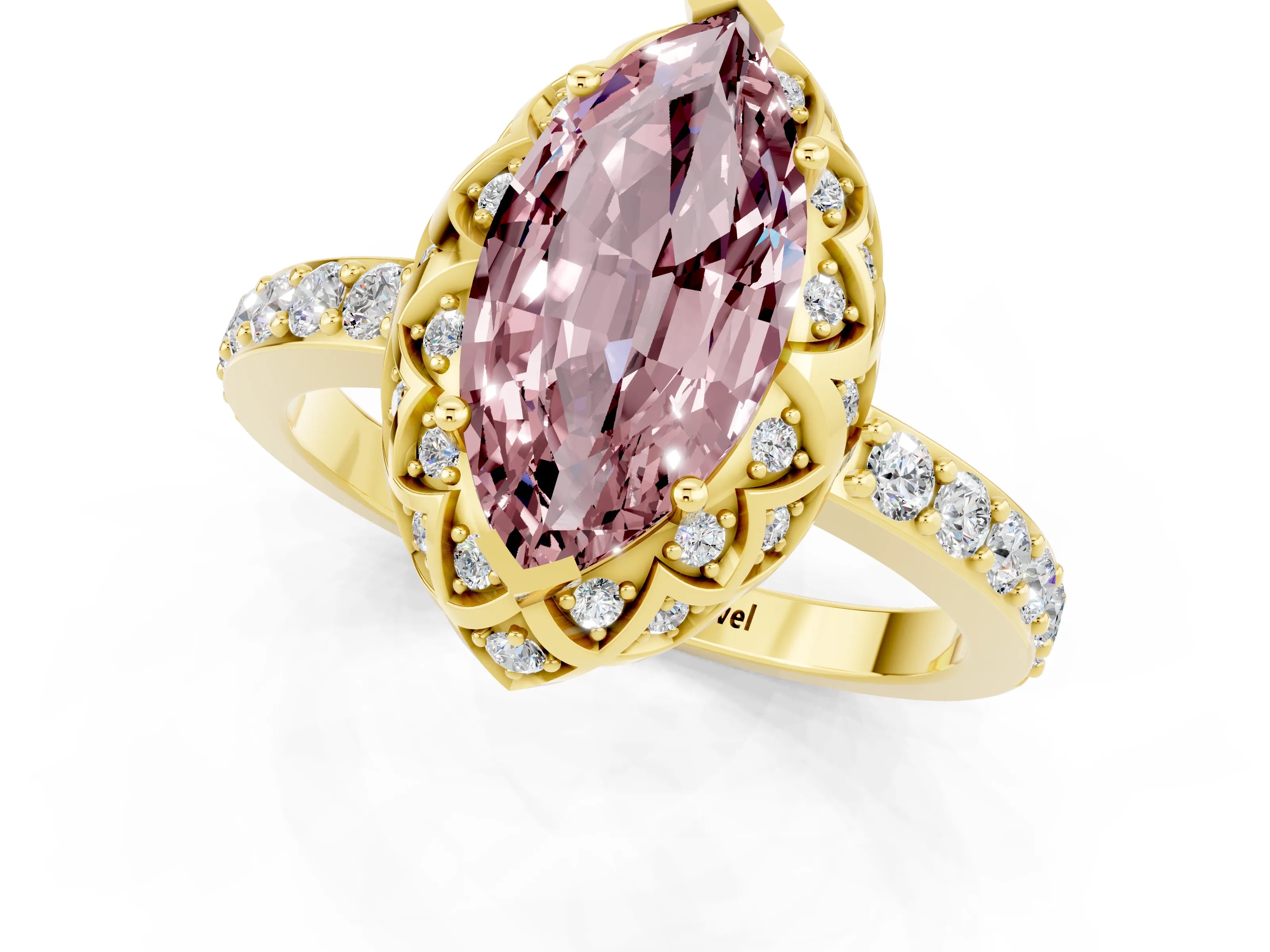 Yellow gold Marquise Cut Diamond Solitaire Ring with Shared Prong Pavé Band_1