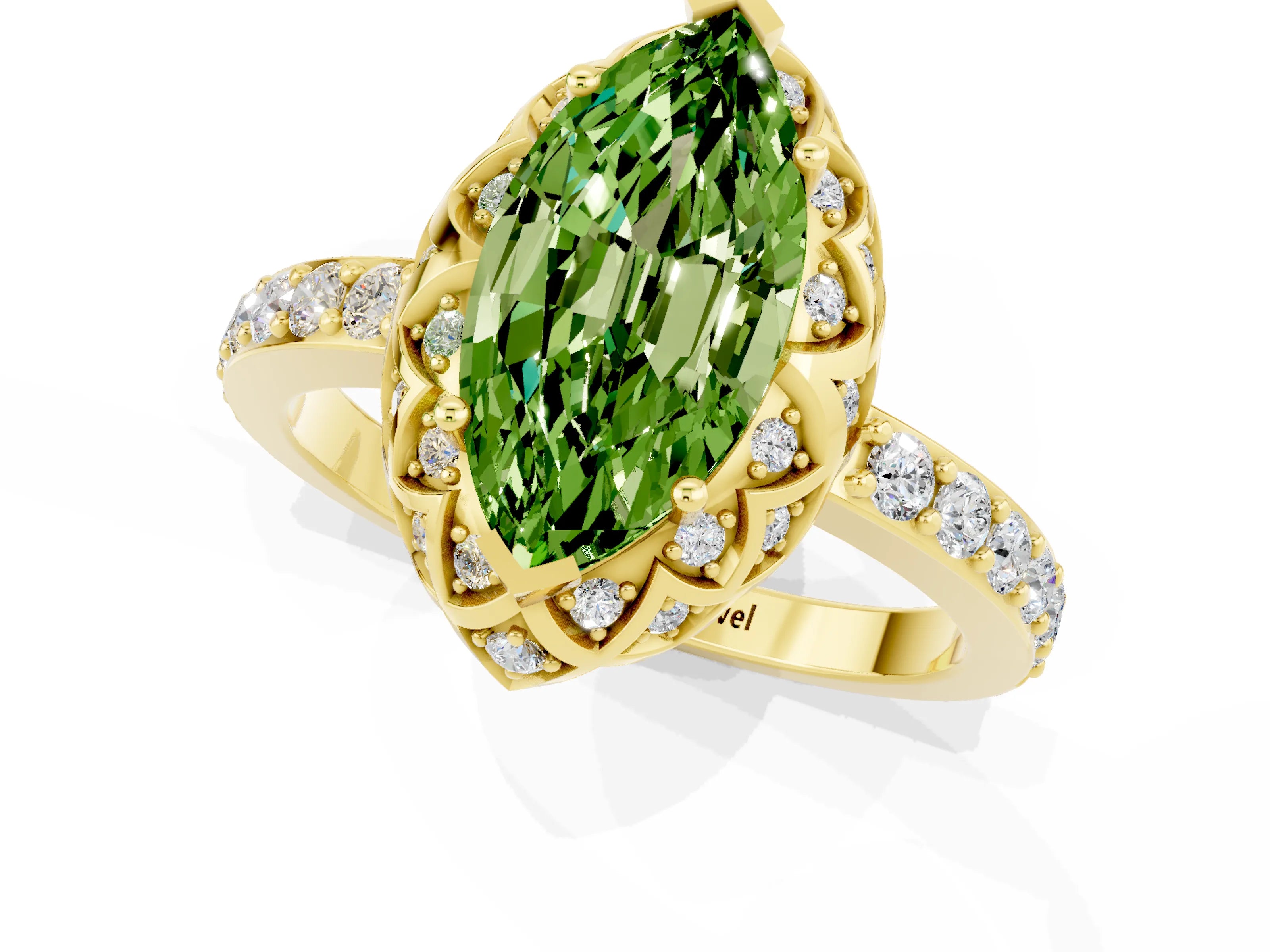 Yellow gold Marquise Cut Diamond Solitaire Ring with Shared Prong Pavé Band_1
