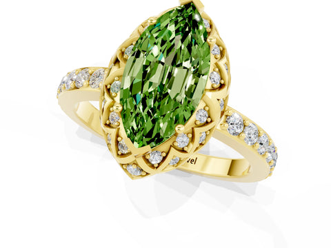 Yellow gold Marquise Cut Diamond Solitaire Ring with Shared Prong Pavé Band_1