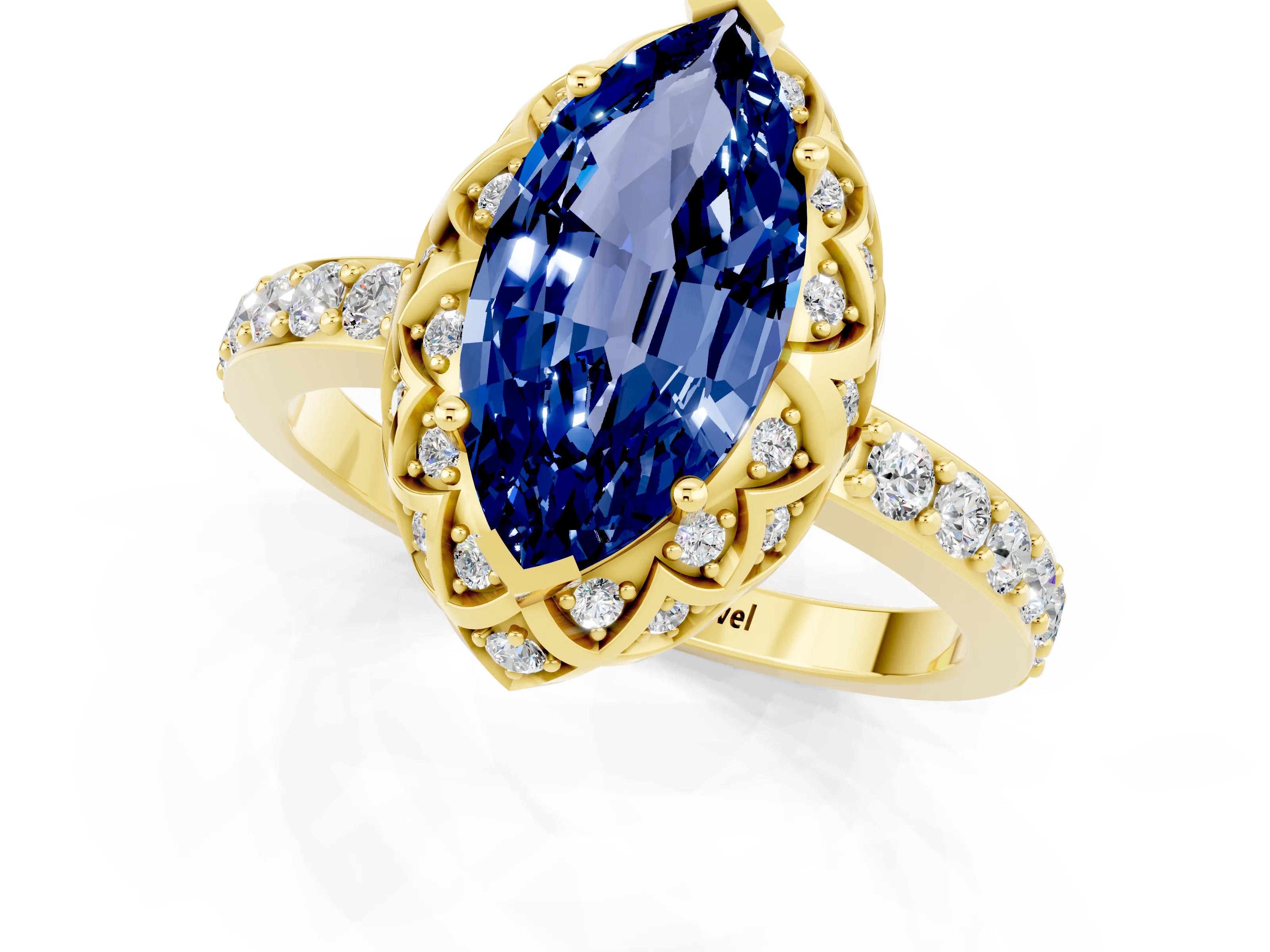 Yellow gold Marquise Cut Diamond Solitaire Ring with Shared Prong Pavé Band_1