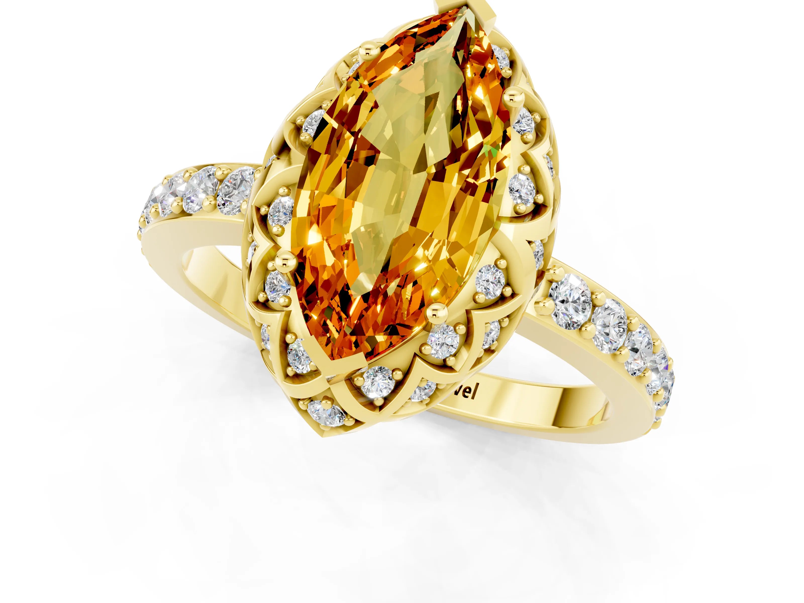 Yellow gold Marquise Cut Diamond Solitaire Ring with Shared Prong Pavé Band_1