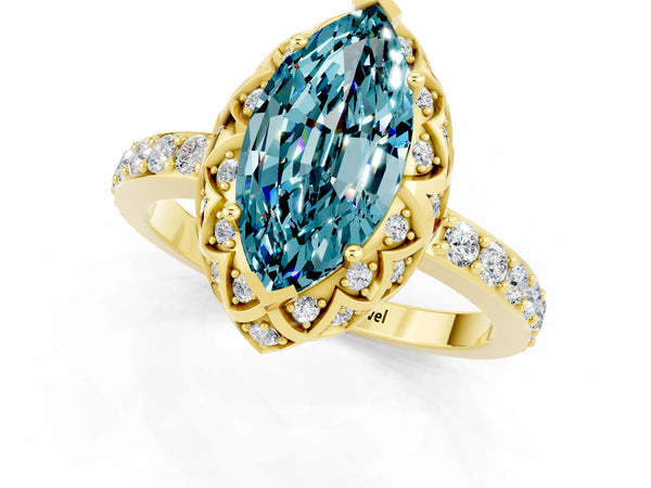 Yellow gold Marquise Cut Diamond Solitaire Ring with Shared Prong Pavé Band