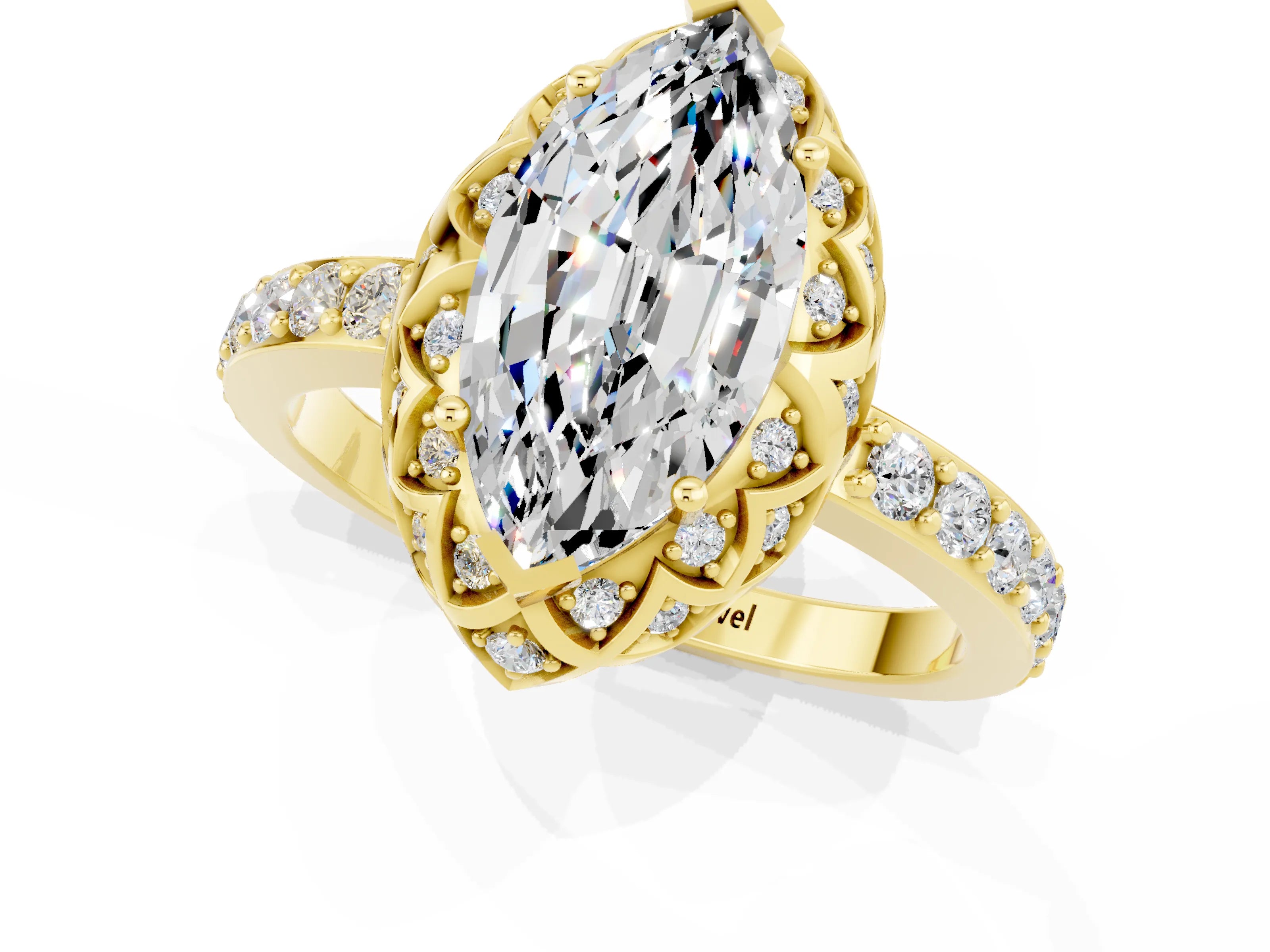 Yellow gold Marquise Cut Diamond Solitaire Ring with Shared Prong Pavé Band_1