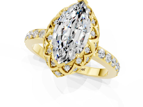 Yellow gold Marquise Cut Diamond Solitaire Ring with Shared Prong Pavé Band_1