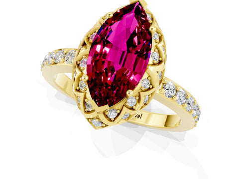 Yellow gold Marquise Cut Diamond Solitaire Ring with Shared Prong Pavé Band_1