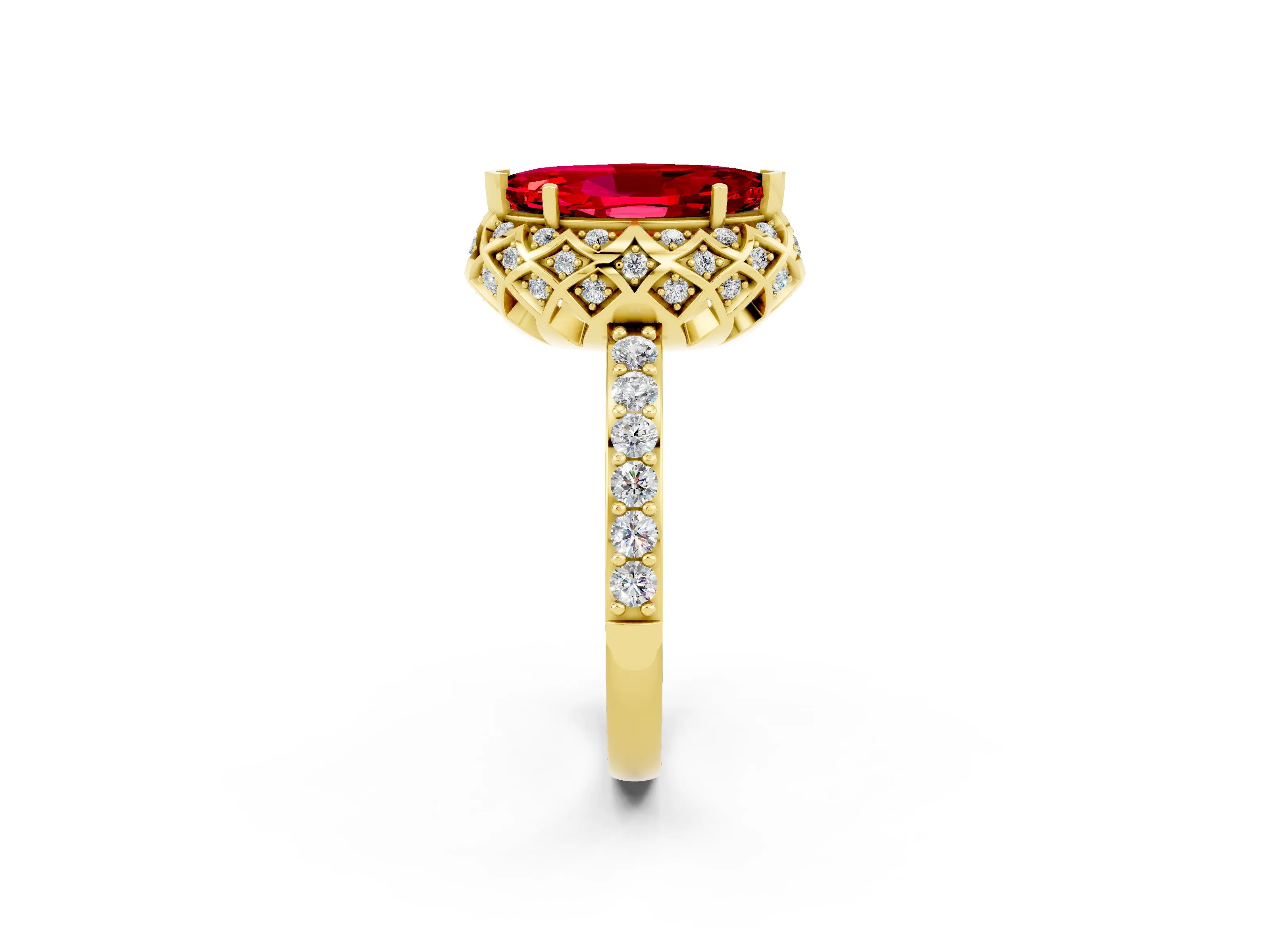 Yellow gold Marquise Cut Diamond Solitaire Ring with Shared Prong Pavé Band_2