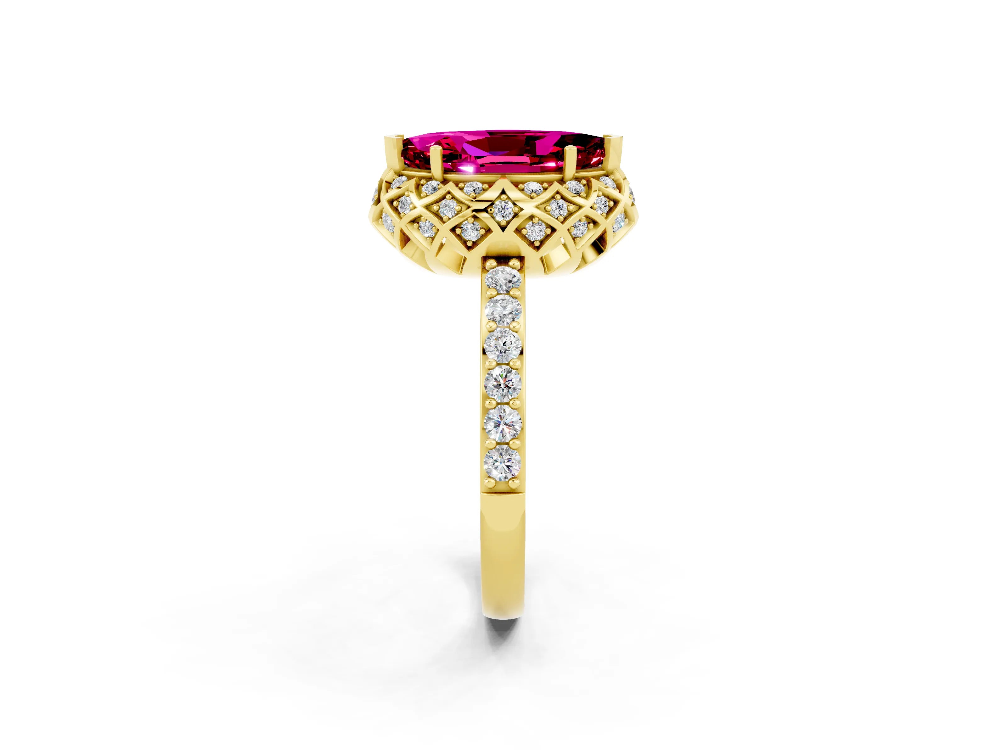 Yellow gold Marquise Cut Diamond Solitaire Ring with Shared Prong Pavé Band_2