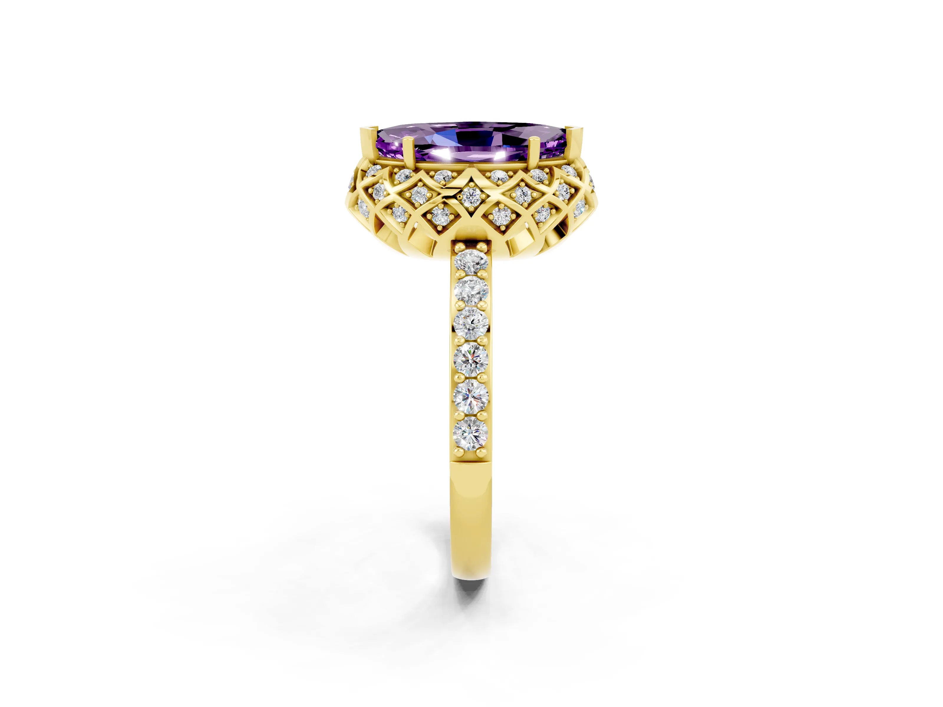 Yellow gold Marquise Cut Diamond Solitaire Ring with Shared Prong Pavé Band_2