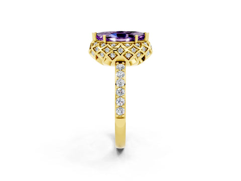 Yellow gold Marquise Cut Diamond Solitaire Ring with Shared Prong Pavé Band_2