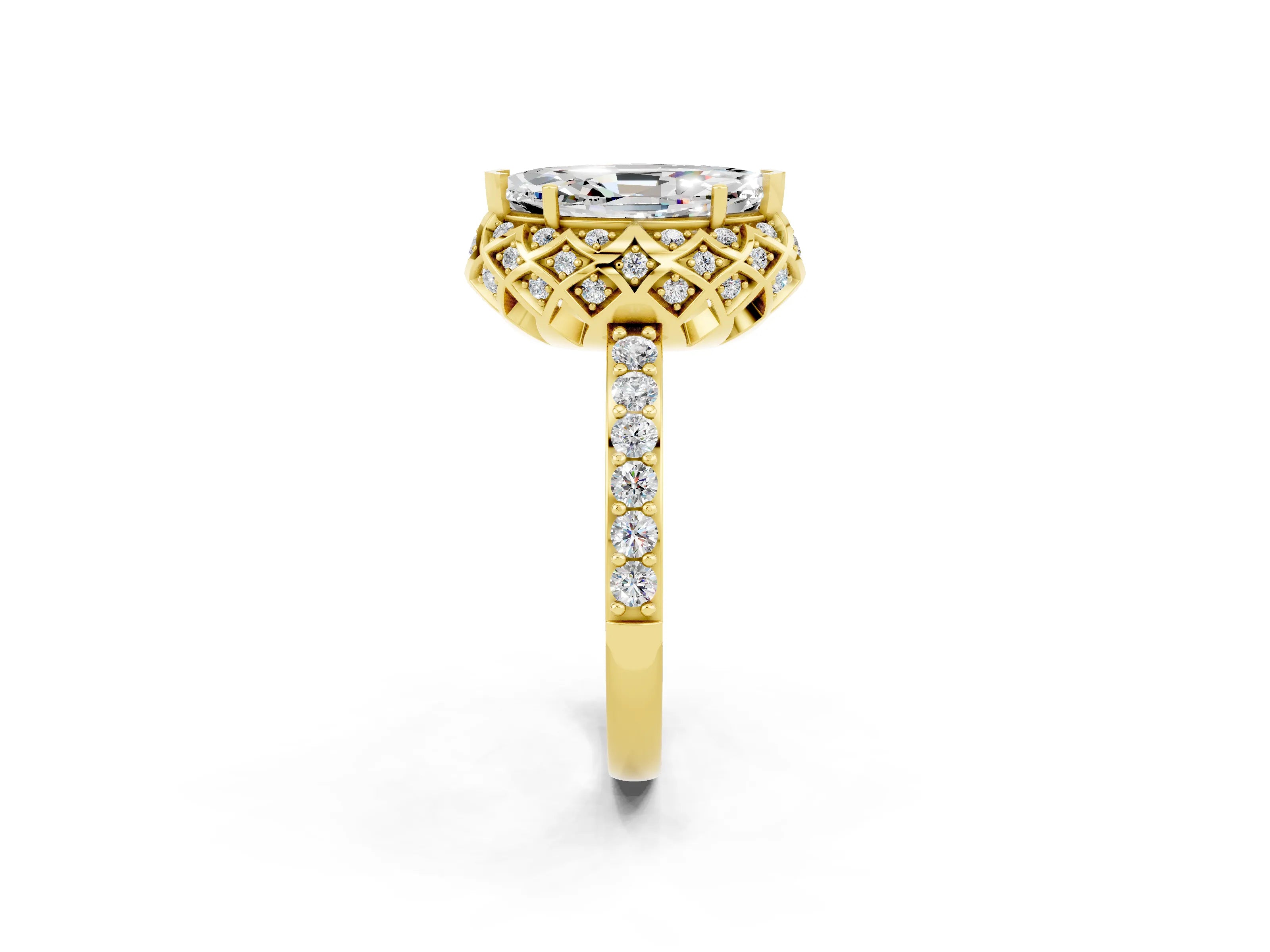 Yellow gold Marquise Cut Diamond Solitaire Ring with Shared Prong Pavé Band_2