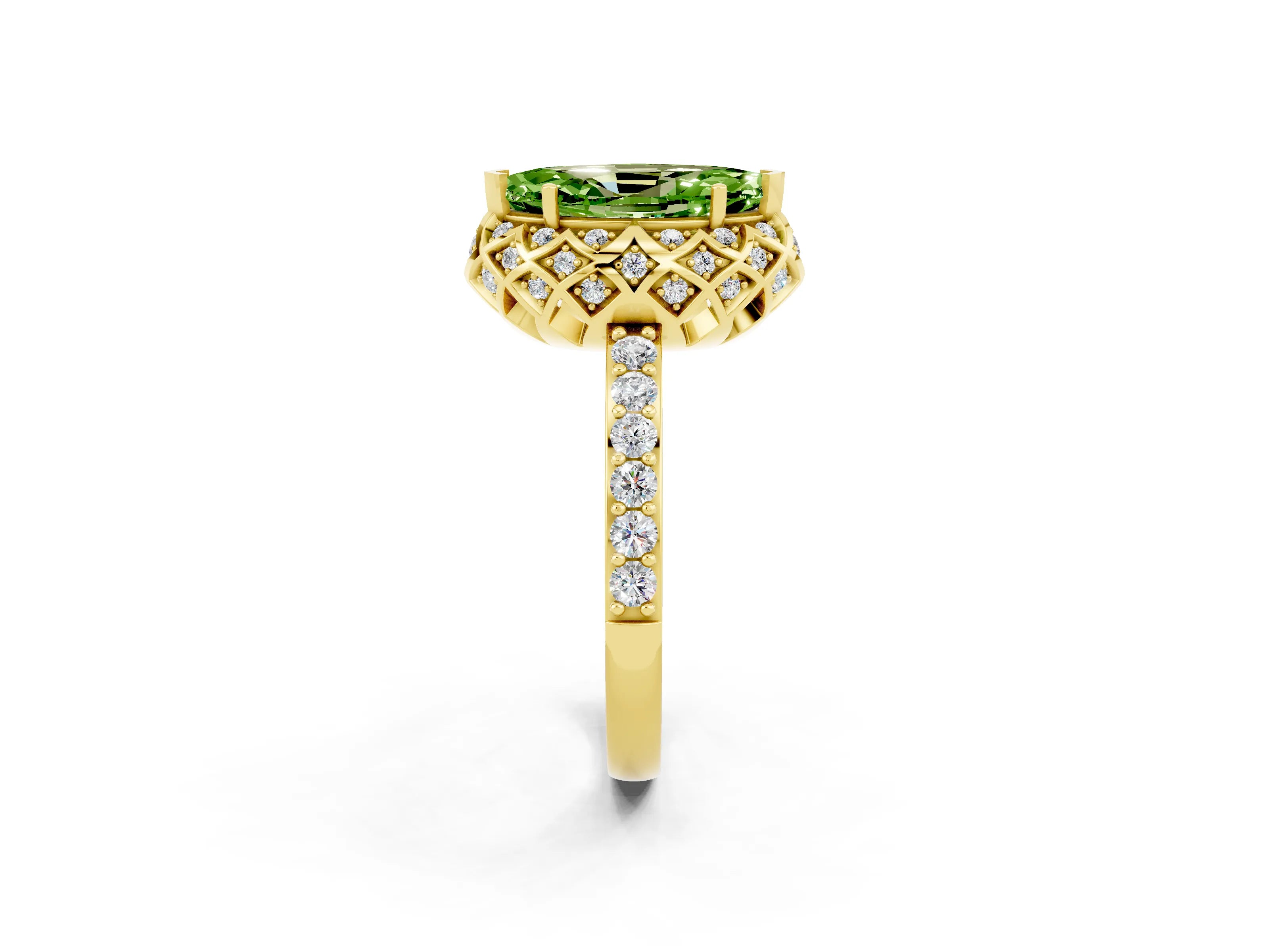 Yellow gold Marquise Cut Diamond Solitaire Ring with Shared Prong Pavé Band_2