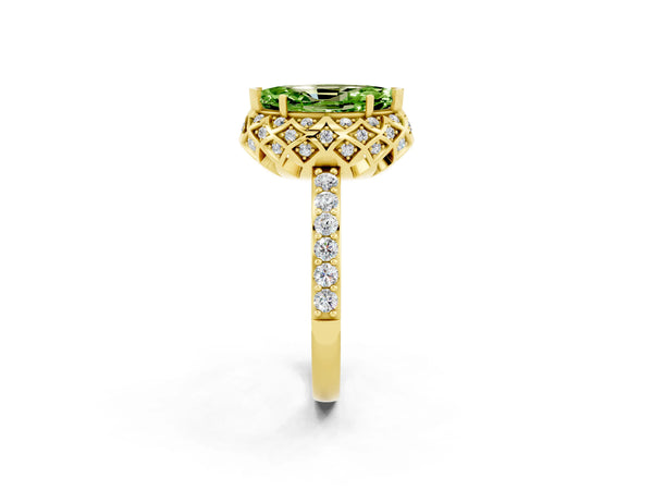 Yellow gold Marquise Cut Diamond Solitaire Ring with Shared Prong Pavé Band
