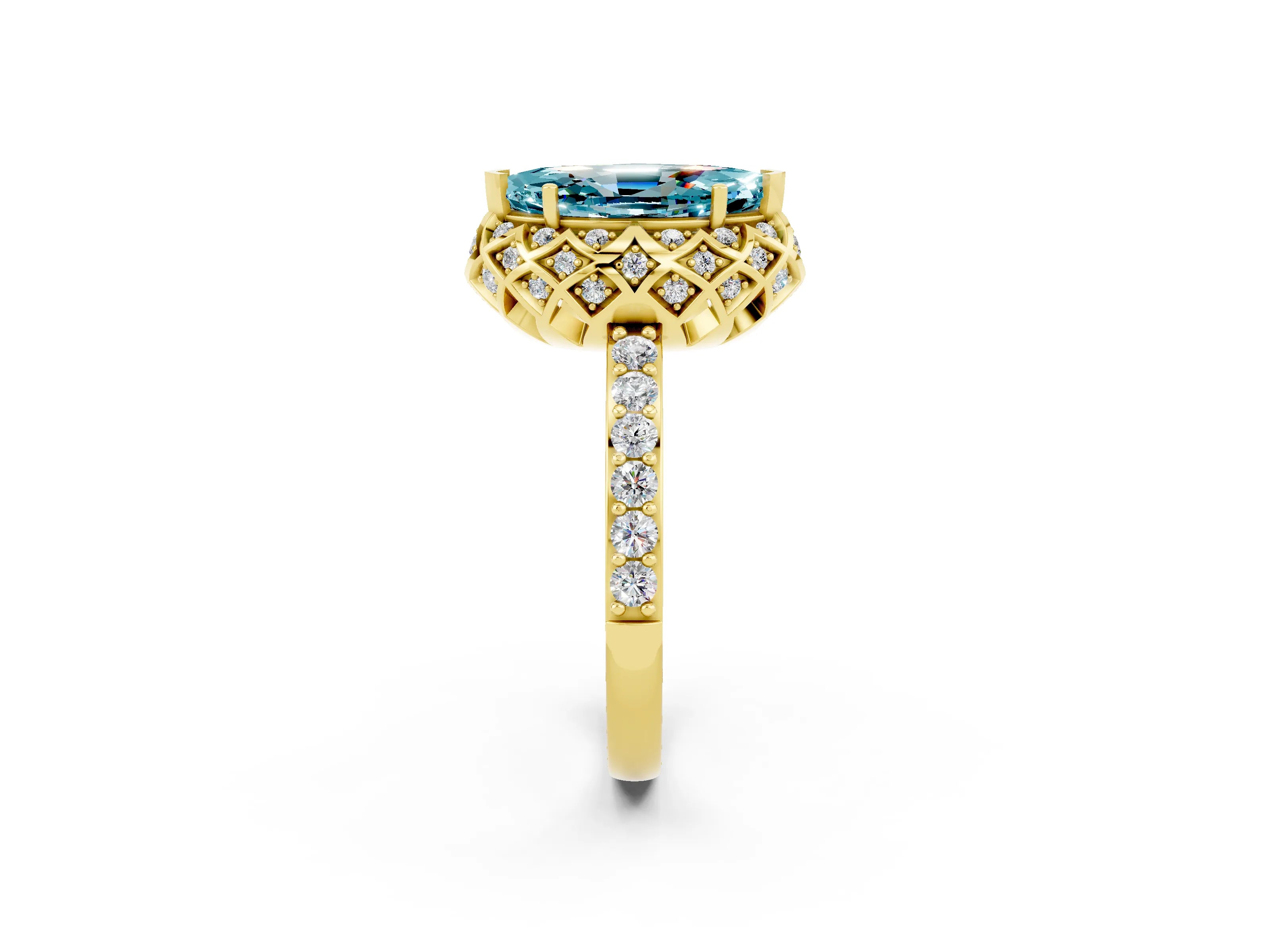 Yellow gold Marquise Cut Diamond Solitaire Ring with Shared Prong Pavé Band_2