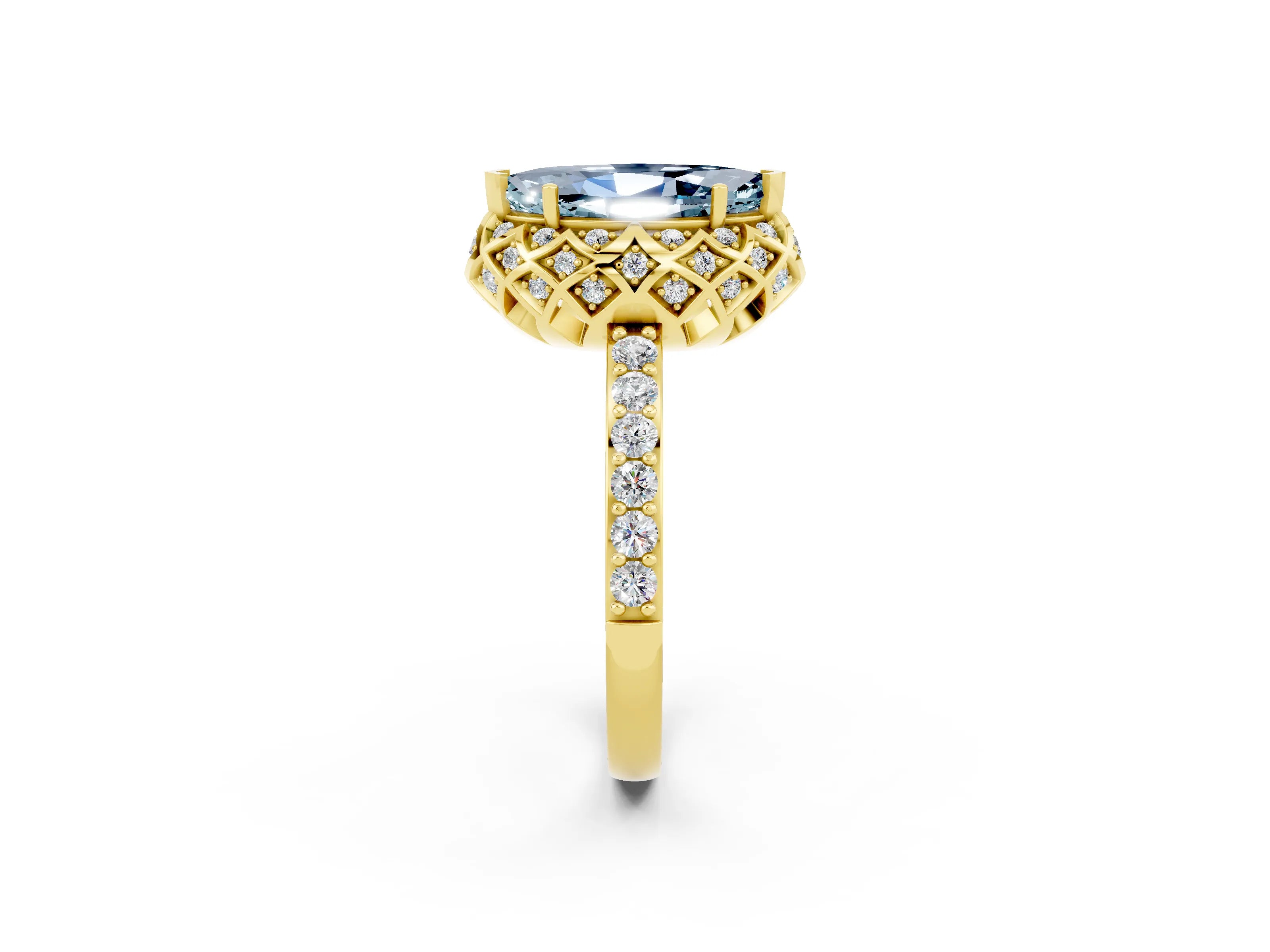 Yellow gold Marquise Cut Diamond Solitaire Ring with Shared Prong Pavé Band_2