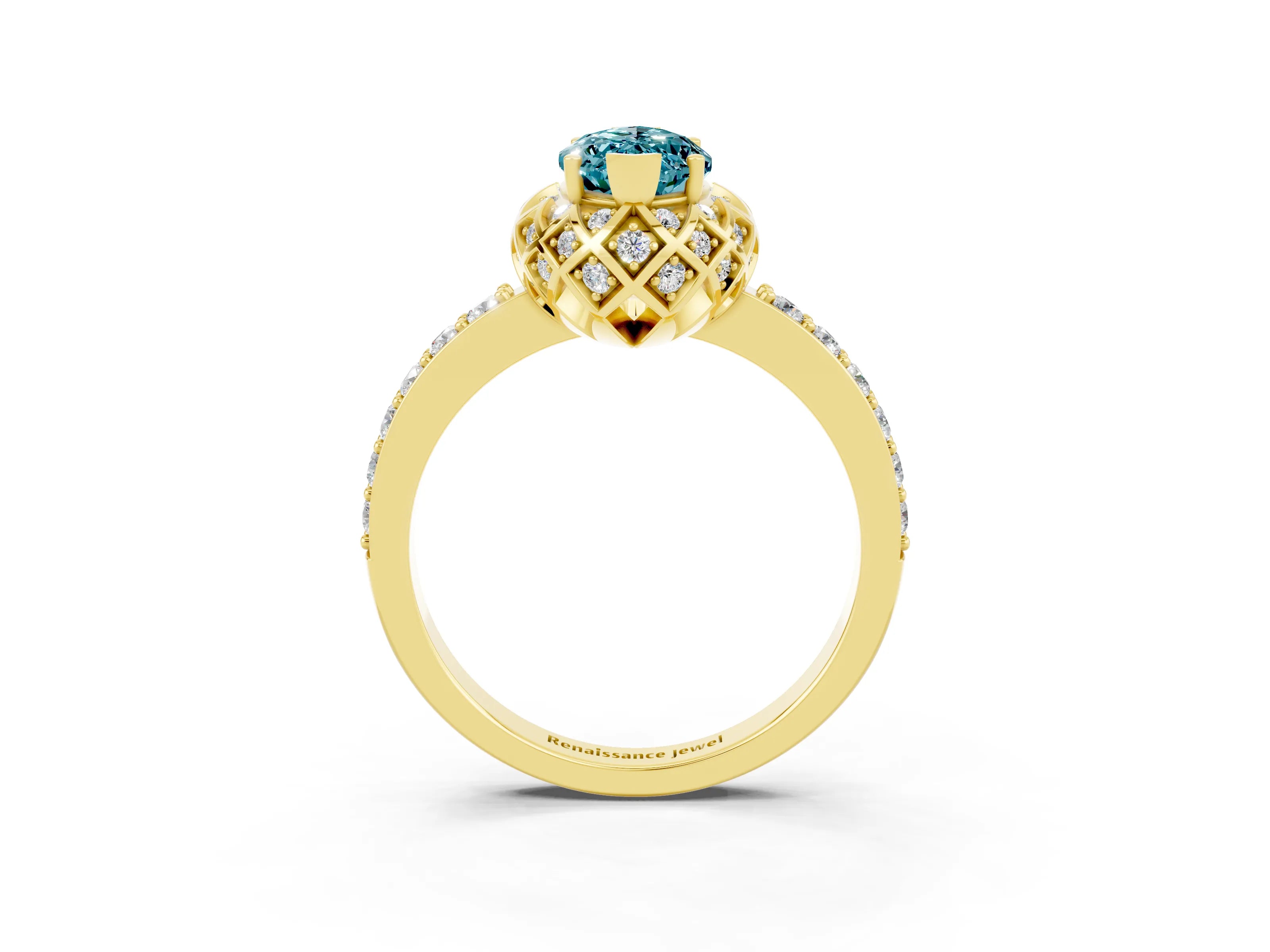 Yellow gold Marquise Cut Diamond Solitaire Ring with Shared Prong Pavé Band_3