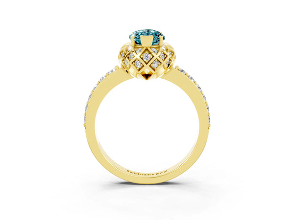 Yellow gold Marquise Cut Diamond Solitaire Ring with Shared Prong Pavé Band