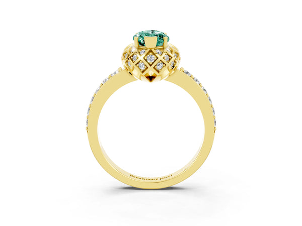 Yellow gold Marquise Cut Diamond Solitaire Ring with Shared Prong Pavé Band