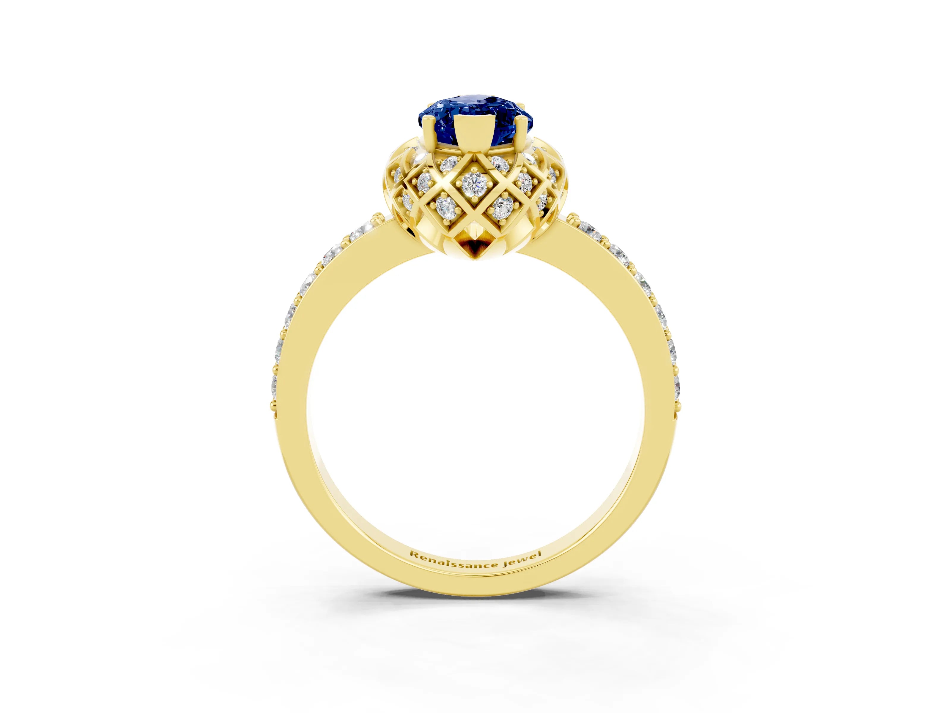 Yellow gold Marquise Cut Diamond Solitaire Ring with Shared Prong Pavé Band_3