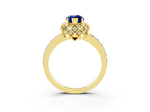 Yellow gold Marquise Cut Diamond Solitaire Ring with Shared Prong Pavé Band_3