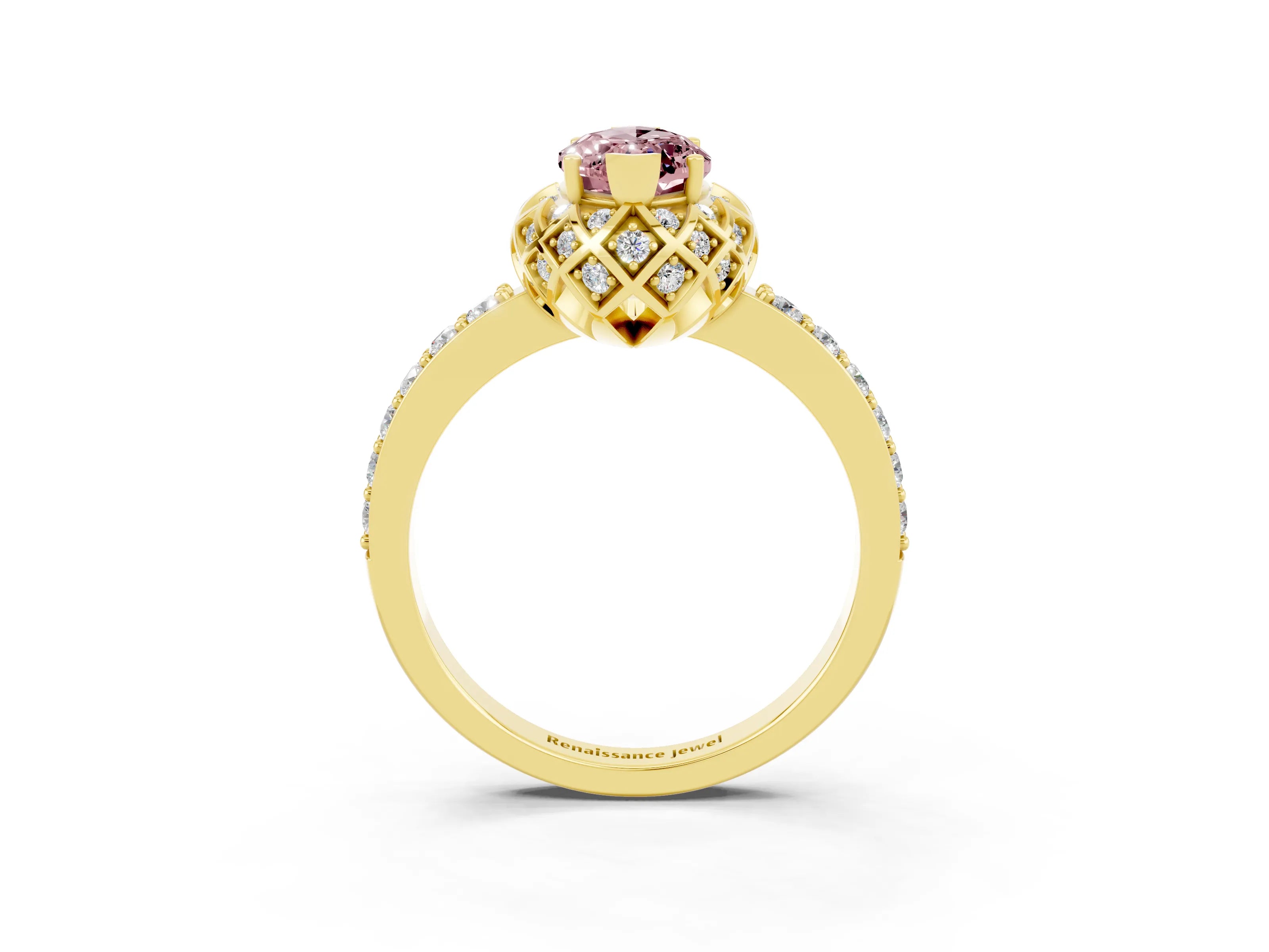 Yellow gold Marquise Cut Diamond Solitaire Ring with Shared Prong Pavé Band_3