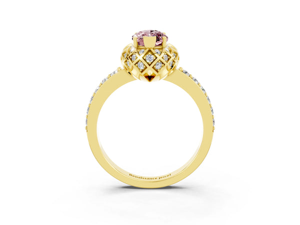 Yellow gold Marquise Cut Diamond Solitaire Ring with Shared Prong Pavé Band