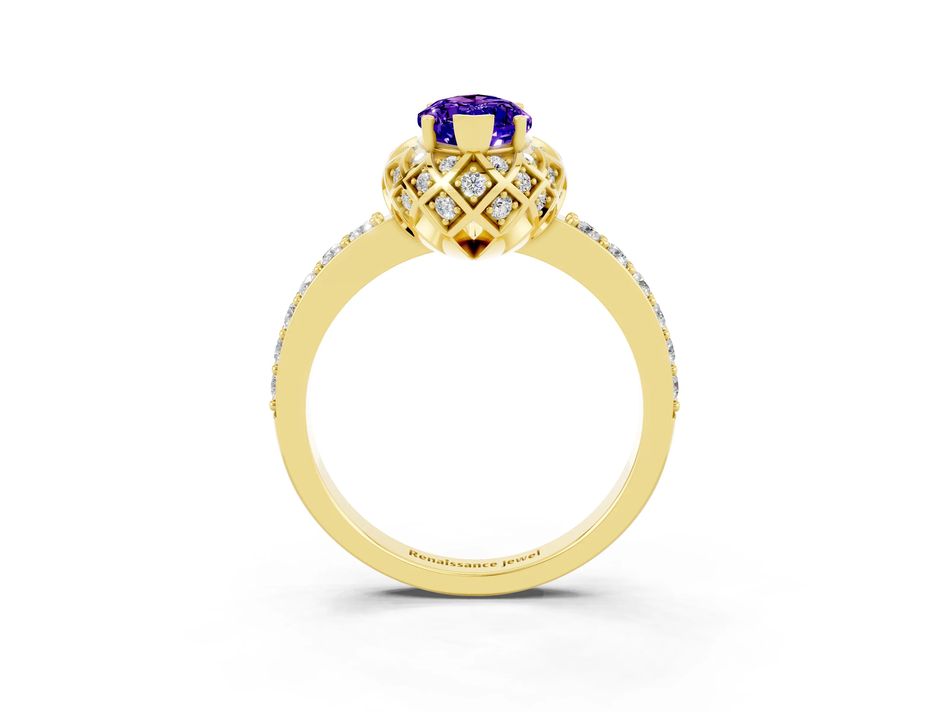 Yellow gold Marquise Cut Diamond Solitaire Ring with Shared Prong Pavé Band_3