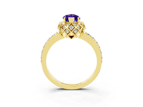 Yellow gold Marquise Cut Diamond Solitaire Ring with Shared Prong Pavé Band_3