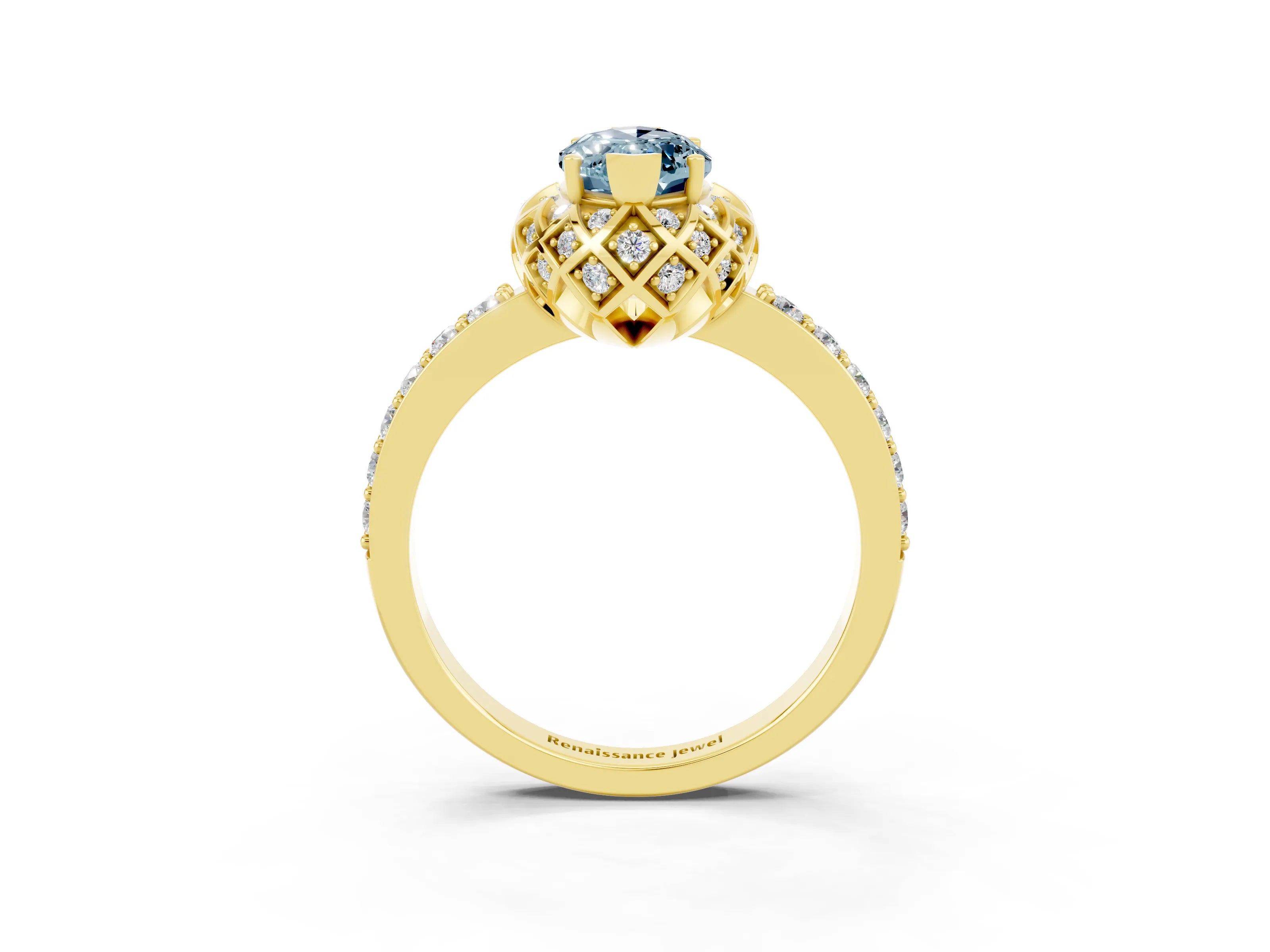 Yellow gold Marquise Cut Diamond Solitaire Ring with Shared Prong Pavé Band_3