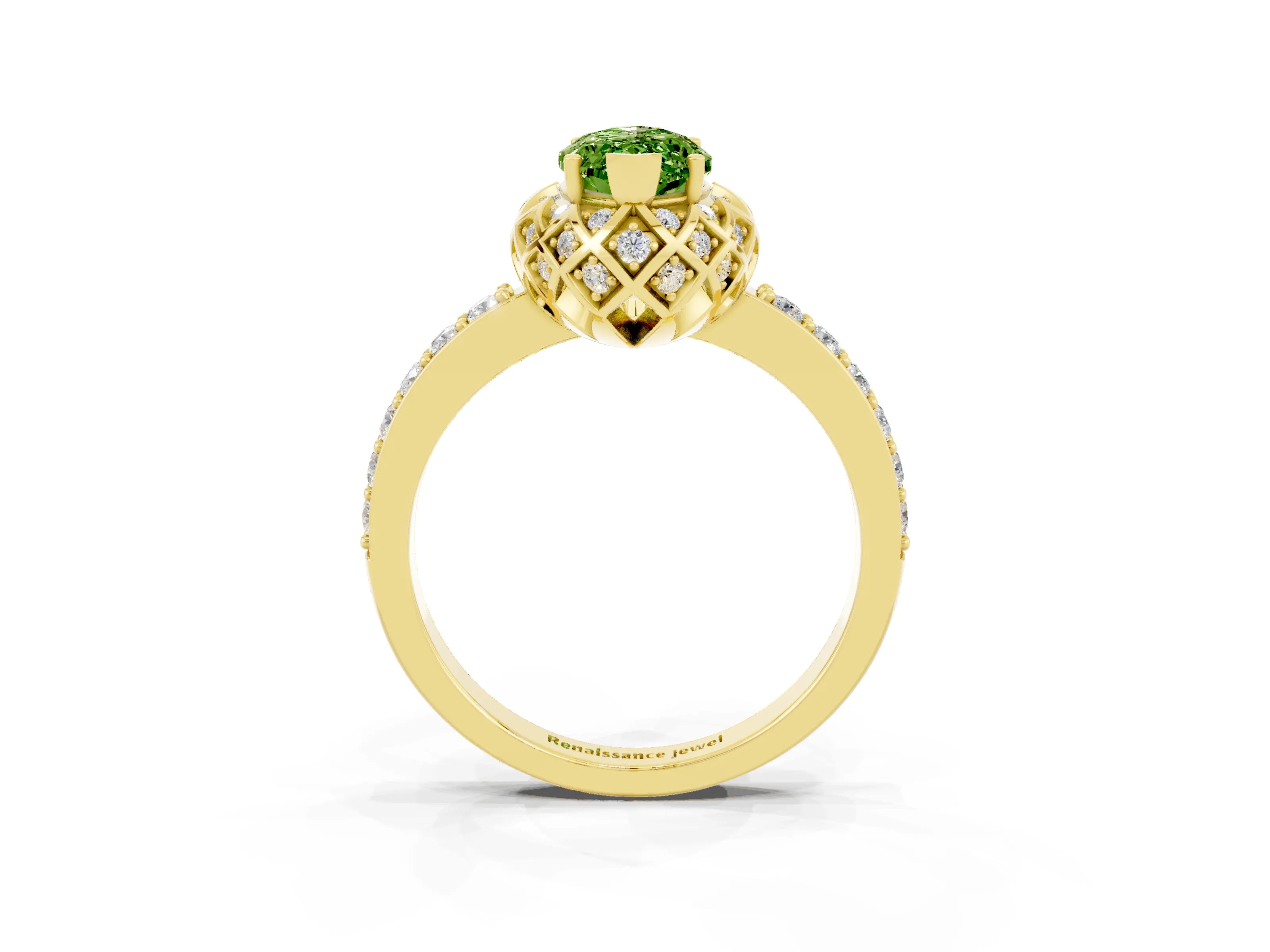 Yellow gold Marquise Cut Diamond Solitaire Ring with Shared Prong Pavé Band_3