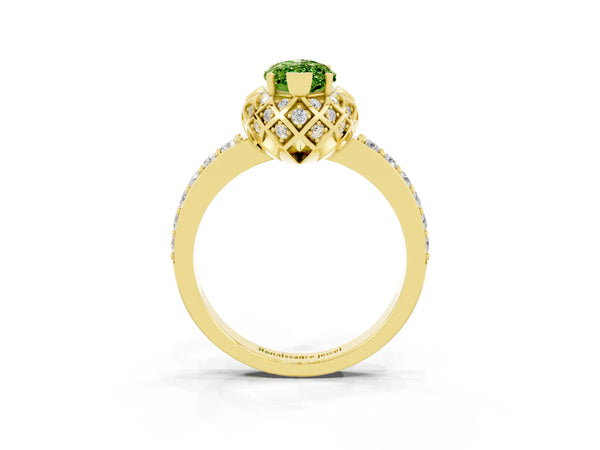 Yellow gold Marquise Cut Diamond Solitaire Ring with Shared Prong Pavé Band