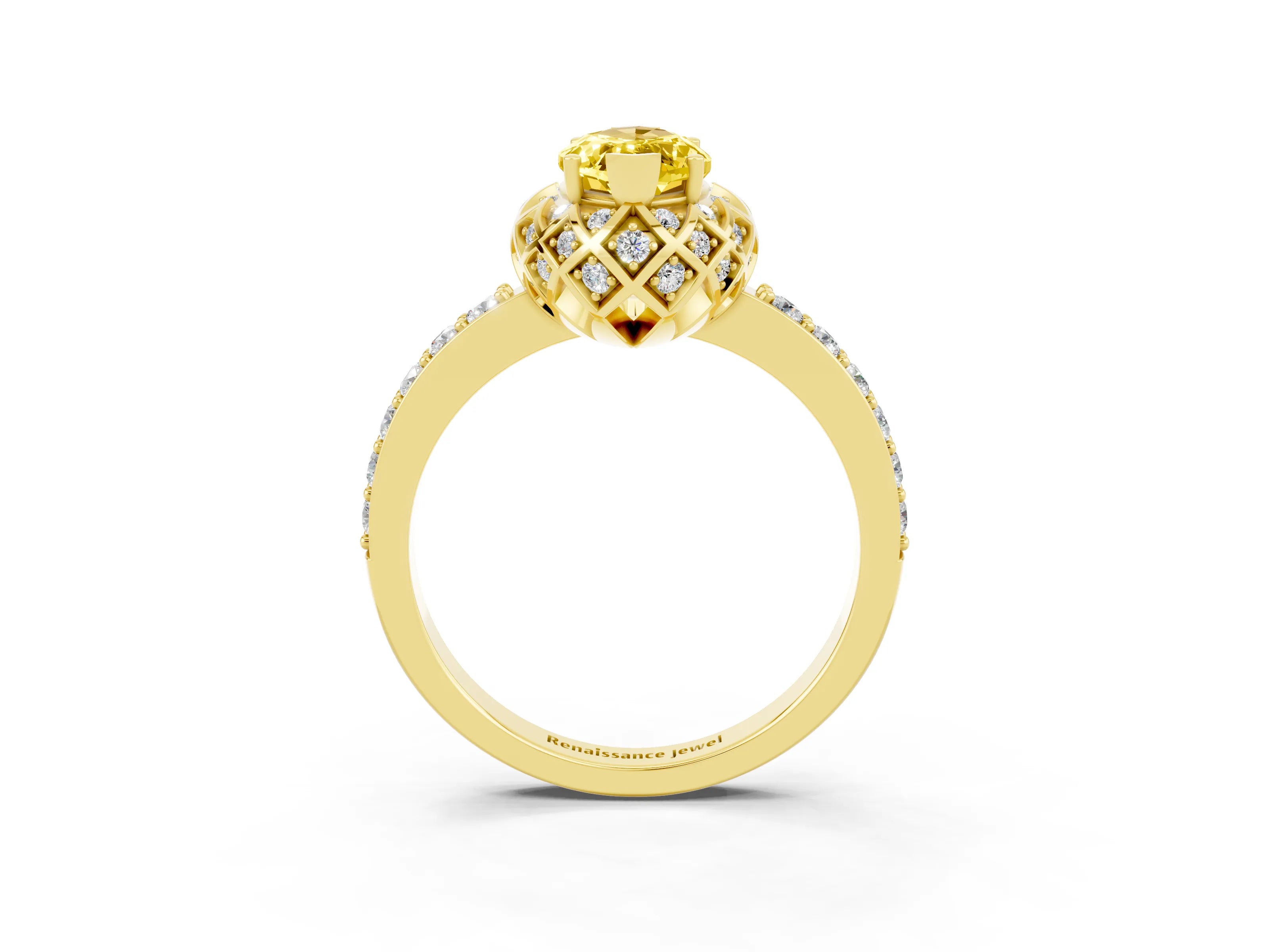 Yellow gold Marquise Cut Diamond Solitaire Ring with Shared Prong Pavé Band_3