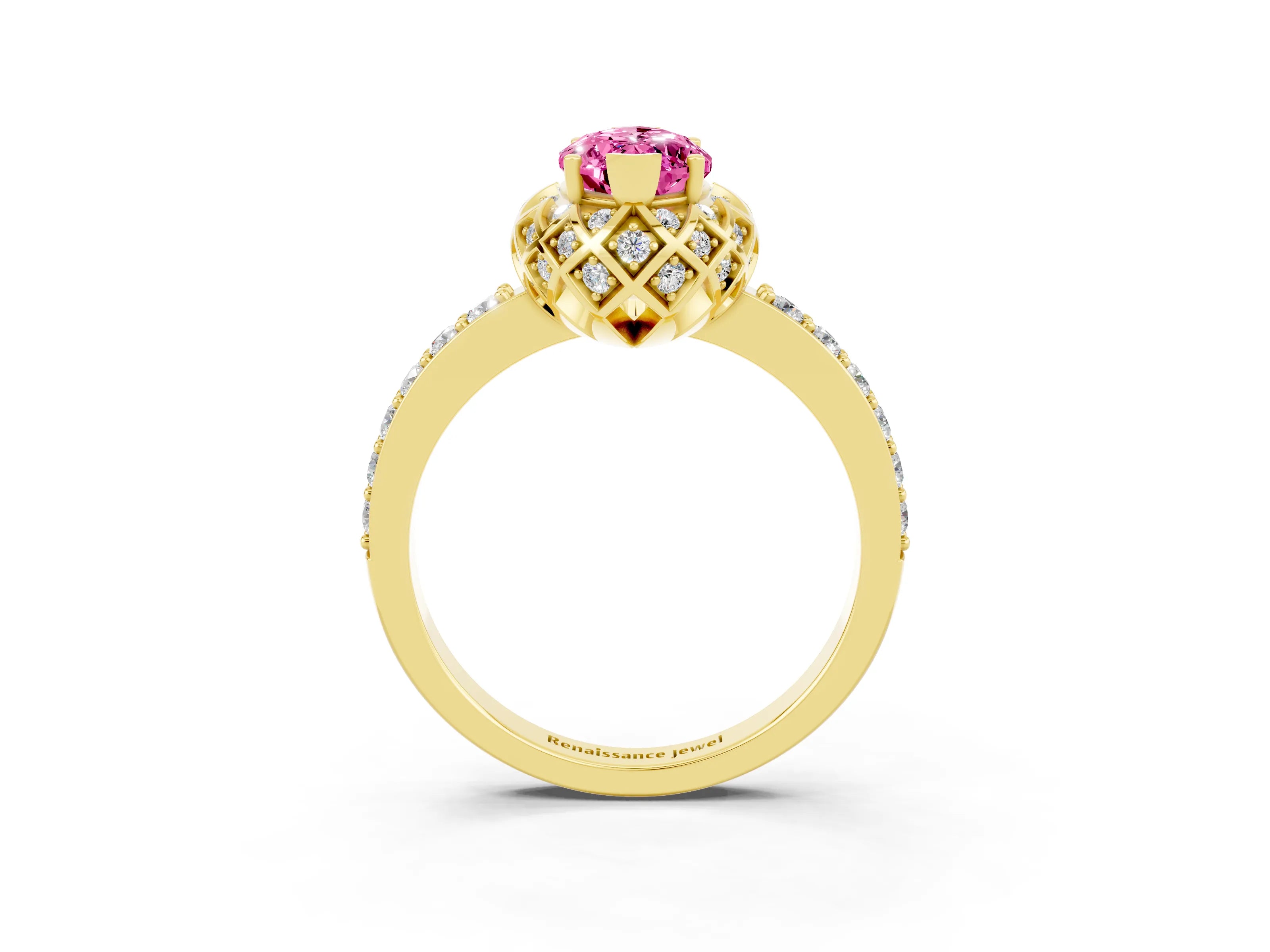 Yellow gold Marquise Cut Diamond Solitaire Ring with Shared Prong Pavé Band_3