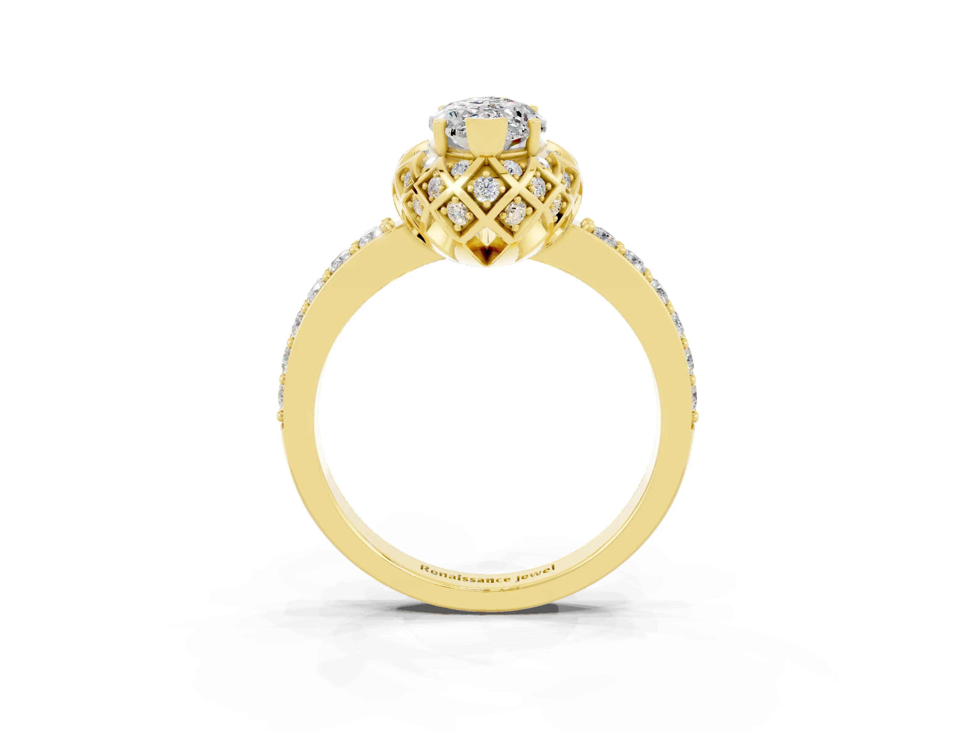 Yellow gold Marquise Cut Diamond Solitaire Ring with Shared Prong Pavé Band_3