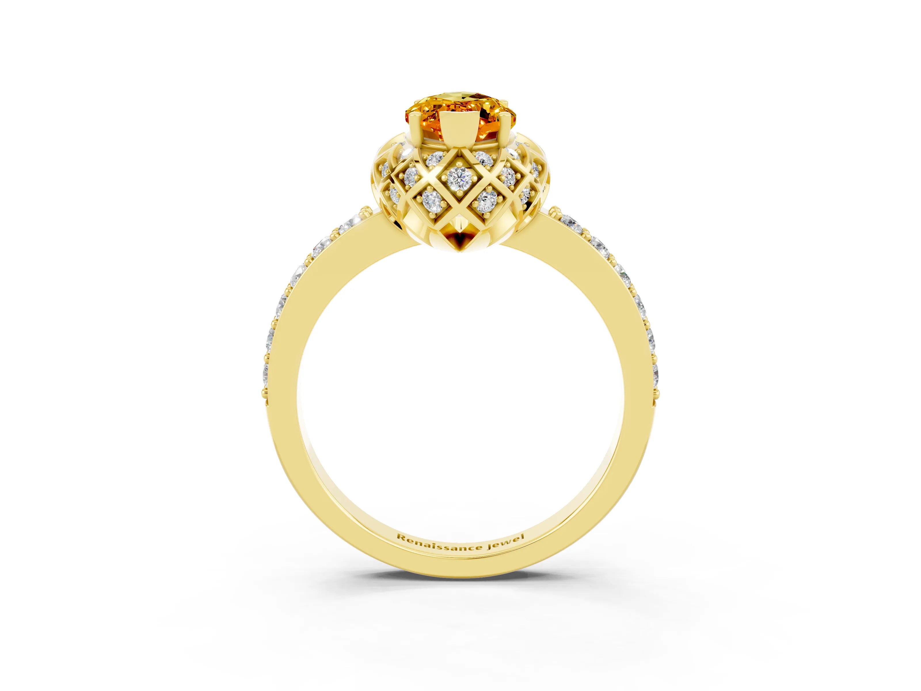 Yellow gold Marquise Cut Diamond Solitaire Ring with Shared Prong Pavé Band_3