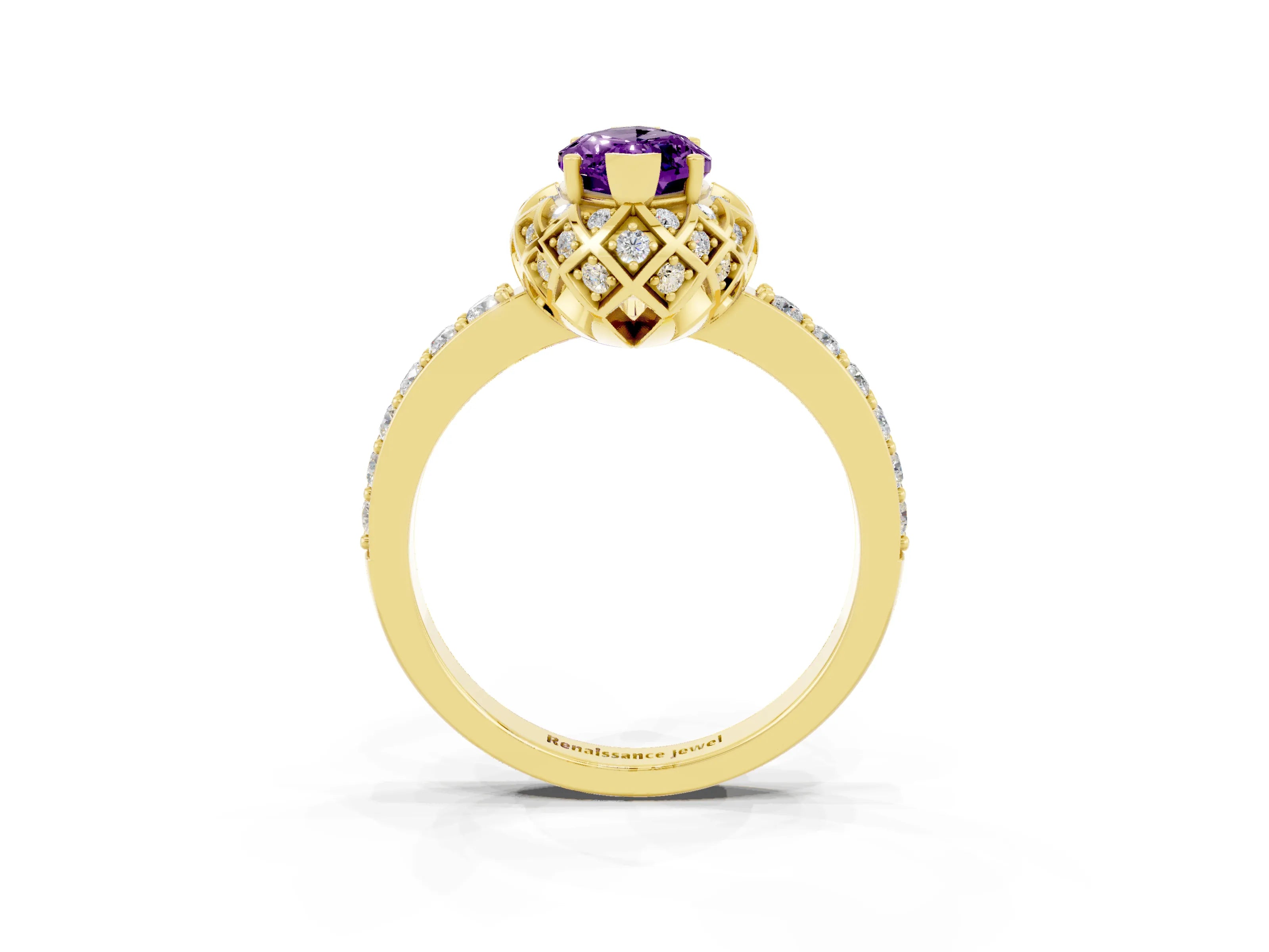 Yellow gold Marquise Cut Diamond Solitaire Ring with Shared Prong Pavé Band_3