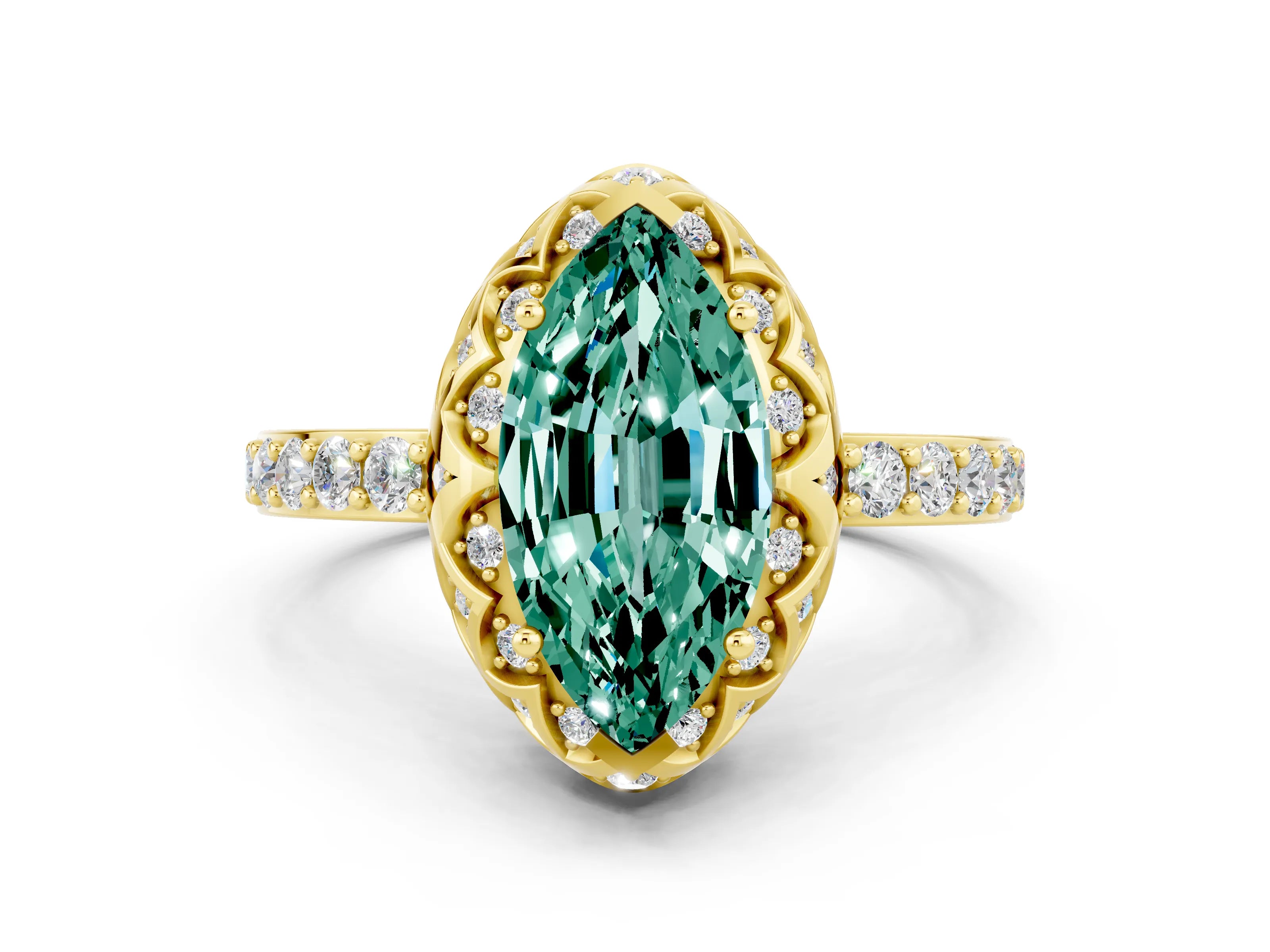 Yellow gold Marquise Cut Diamond Solitaire Ring with Shared Prong Pavé Band